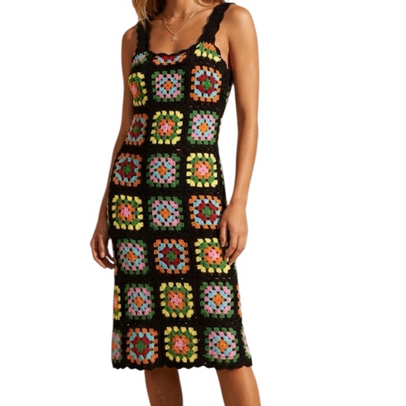 Emma & Posh Granny Square Black Mulicolor Afgan Crochet Boho Sheath Dress Small - Picture 7 of 7